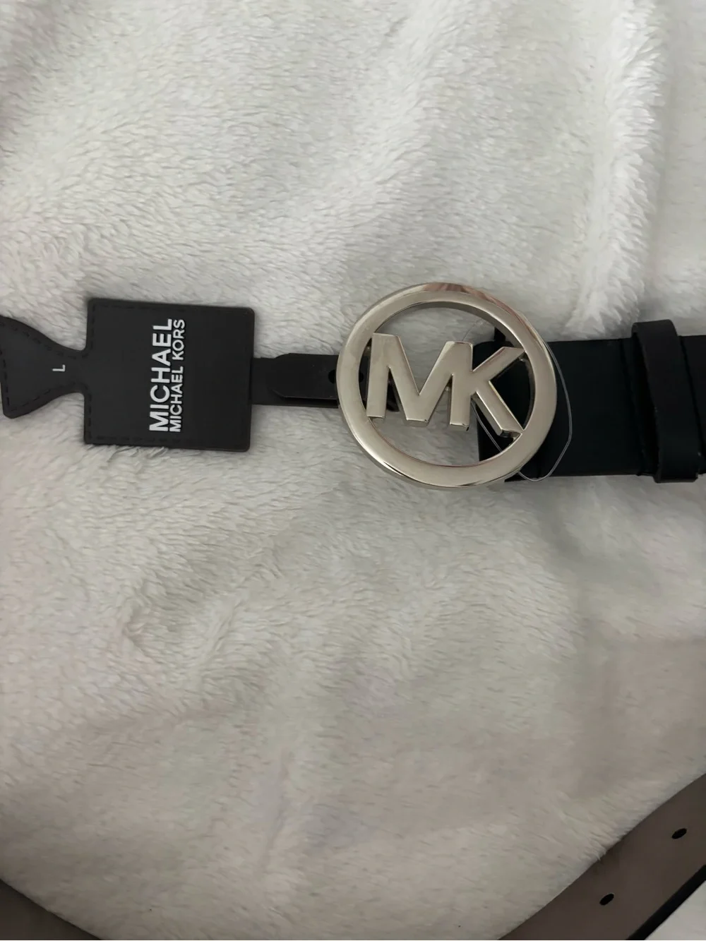 Michael Kors Black Leather Belt with Silver MK Round Buckle